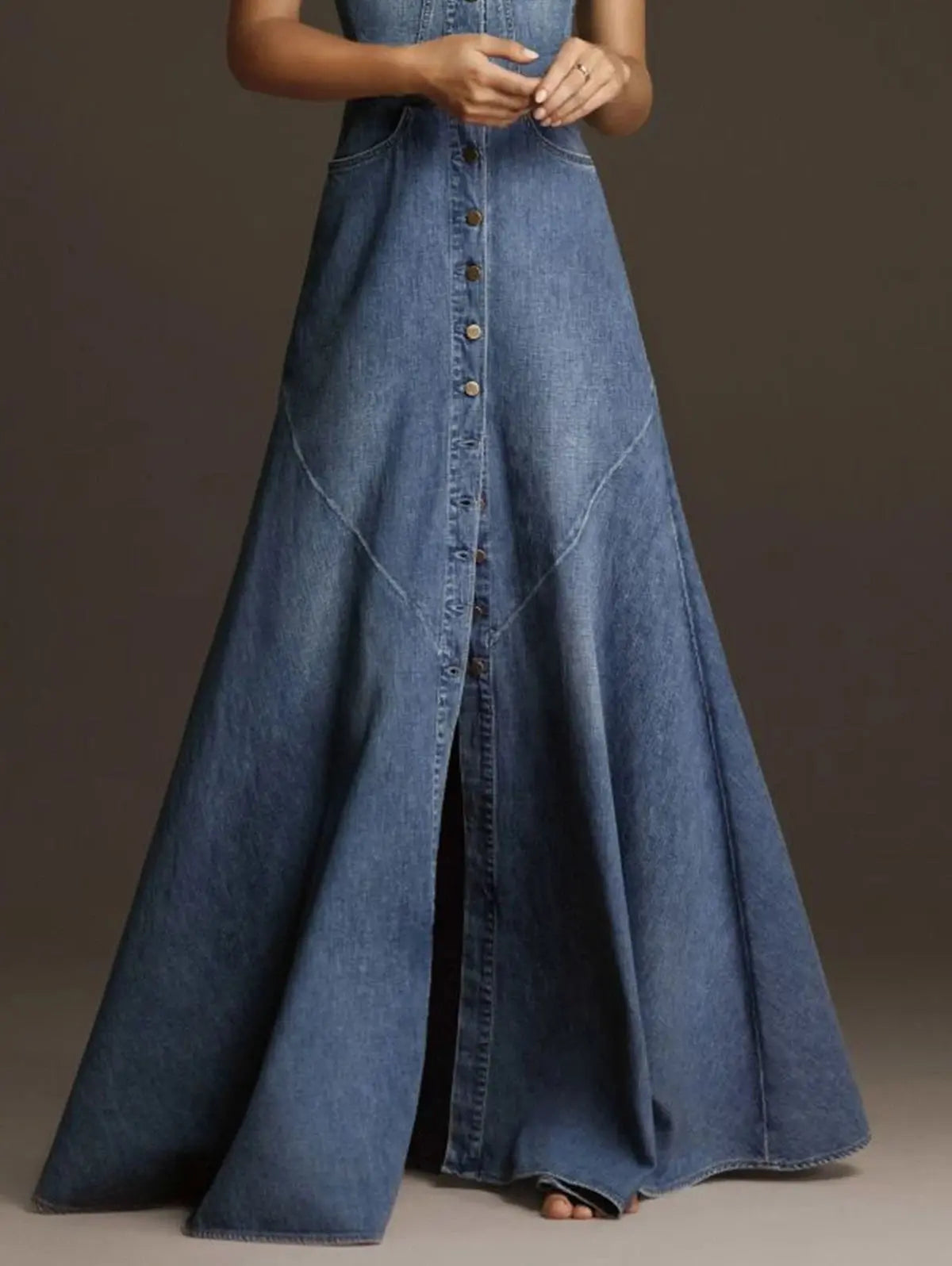 Fashion Women Denim Tank Dress Vintage Square Collar Waisted Sundress 2023 Summer Buttons Maxi Dress Holiday Solid Robes - Loja Mireva