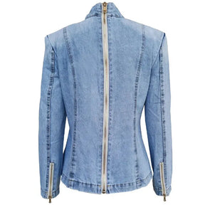 Big Bow Patchwork Denim Women's Jacket Stand Collar Long Sleeve Vintage Ruched Blouse Shirt for Female Autum Fashion Clothing - Loja Mireva