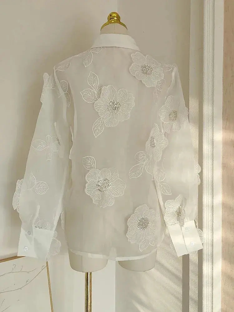 TWOTWINSTYLE Elegant Spliced Appliques Shirt For Women Lapel Long Sleeve Patchwork Single Breasted Vintage Blouse Female Clothes - Loja Mireva