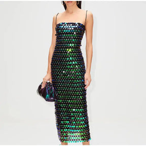 Solid Sequin Sexy Elegant Slim Dress For Women Fashion Sleeveless Backless Spaghetti Strap Party Dresses Chic Club Evening Robes - Loja Mireva