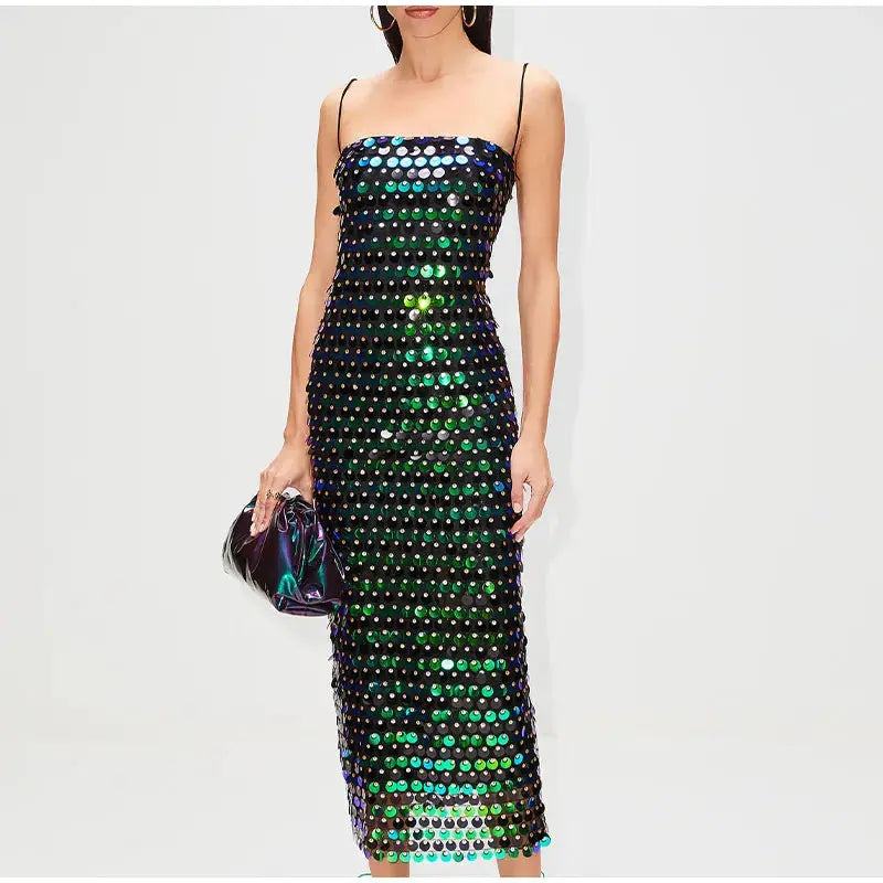 Solid Sequin Sexy Elegant Slim Dress For Women Fashion Sleeveless Backless Spaghetti Strap Party Dresses Chic Club Evening Robes - Loja Mireva