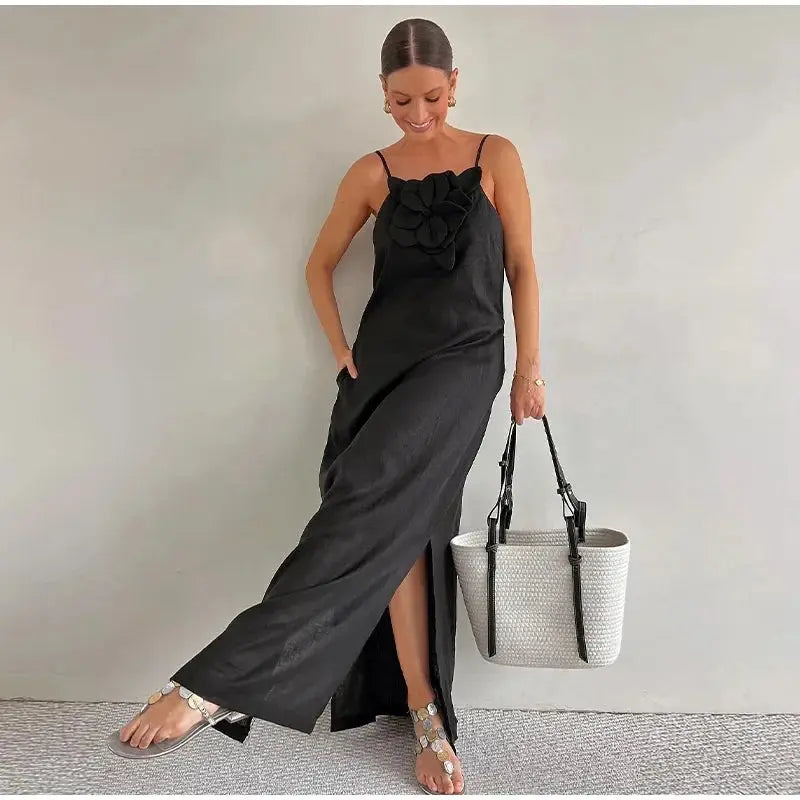 2024 New Elegant Cotton Linen Dresses Women Sleeveless Solid Color Split Fashion Vintage Loose Dress Vestidos Lady Outwear - Loja Mireva