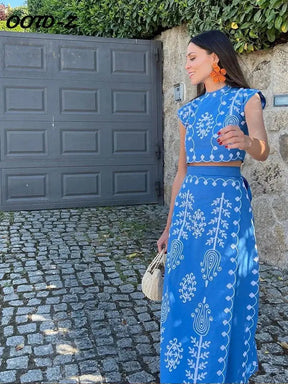 Cotton Linen Print Crop Top Skirts Sets Women Elegant Slim O-neck High Waist Split Skirt Female Suit 2024 Sping Summer Lady Set - Loja Mireva