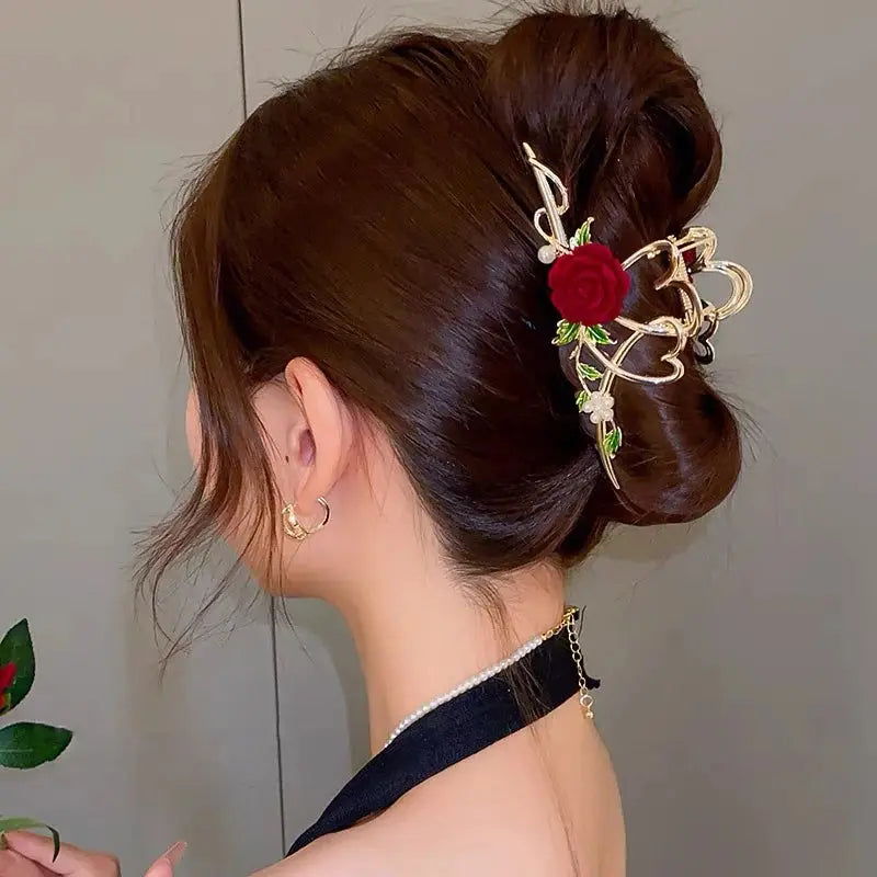 Red Flower Romantic Hairpin Hair Crabs For Women French Alloy Hair Clips Girls Temperament Ponytail Hair Accessories Headwear - Loja Mireva
