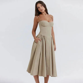 Solid Elegant Slim Spaghetti Strap Dress 2023 Summer Fashion Backless A-line Dresses Female Chic Party Evening Robes Vestidos - Loja Mireva