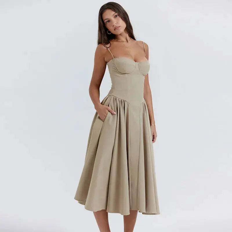 Solid Elegant Slim Spaghetti Strap Dress 2023 Summer Fashion Backless A-line Dresses Female Chic Party Evening Robes Vestidos - Loja Mireva