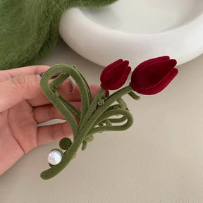 Retro Velvet Burgundy Tulip Pearl Hair Claws For Women Fashion Large  Crab Hair Clip Hair Accessories Headwear - Loja Mireva