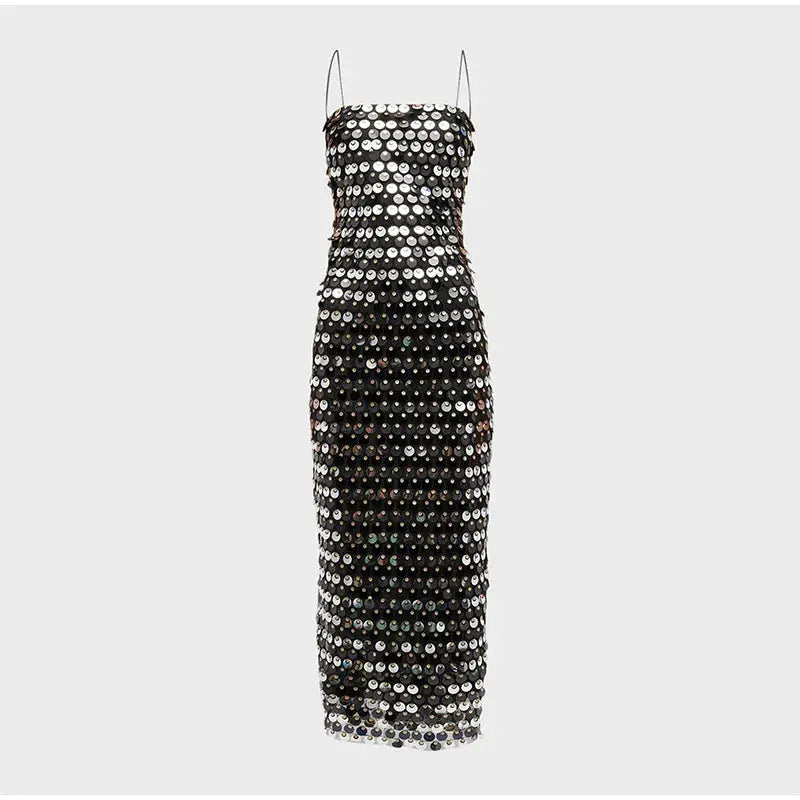 Solid Sequin Sexy Elegant Slim Dress For Women Fashion Sleeveless Backless Spaghetti Strap Party Dresses Chic Club Evening Robes - Loja Mireva