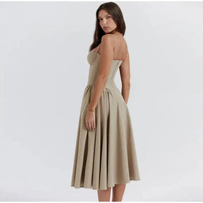 Solid Elegant Slim Spaghetti Strap Dress 2023 Summer Fashion Backless A-line Dresses Female Chic Party Evening Robes Vestidos - Loja Mireva