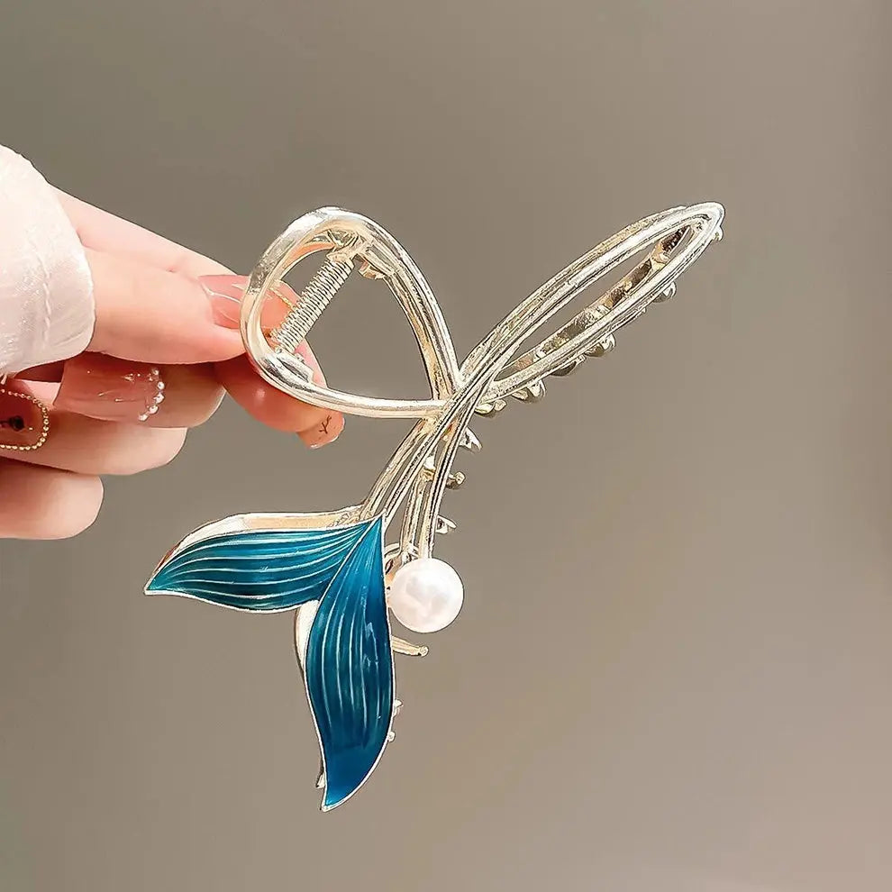Whale Tail Hair Claw Pearl Shark Clip Headdress Vintage Ponytail Claws Trendy Hair Clip For Girl Cute Hair Accessories - Loja Mireva