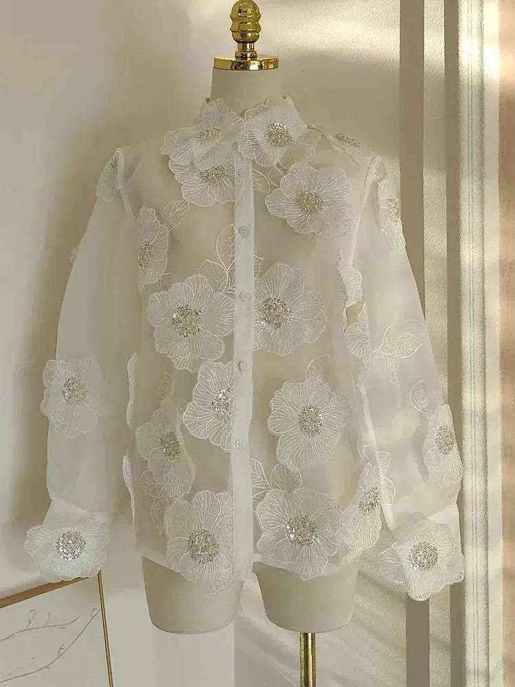 TWOTWINSTYLE Elegant Spliced Appliques Shirt For Women Lapel Long Sleeve Patchwork Single Breasted Vintage Blouse Female Clothes - Loja Mireva