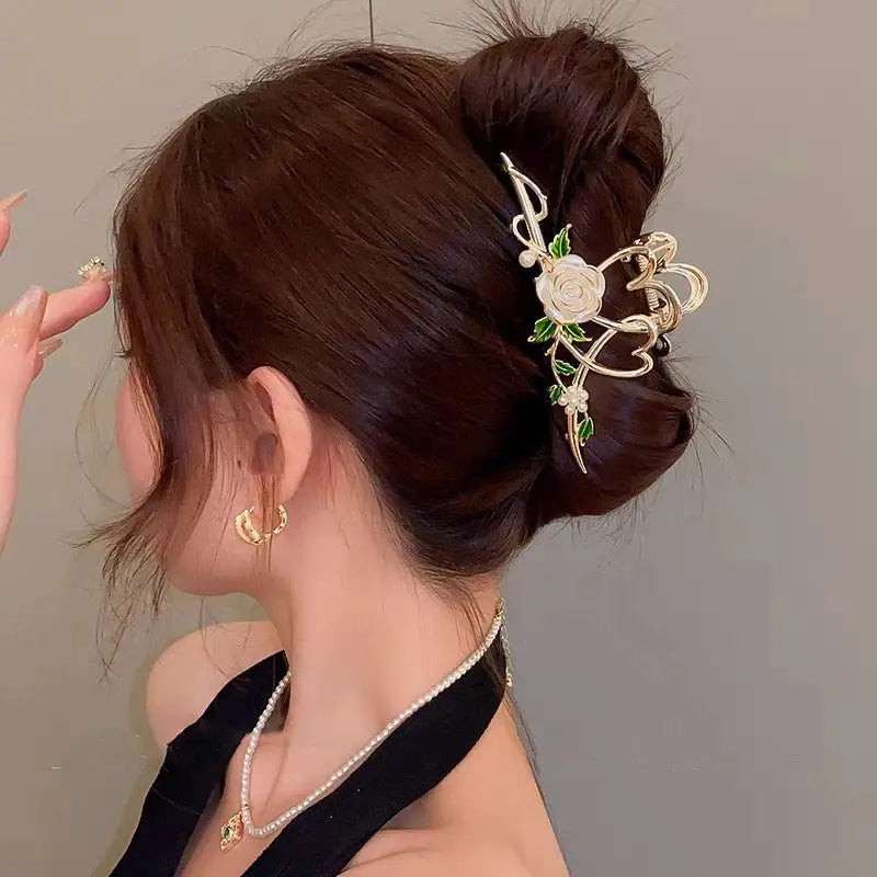 Red Flower Romantic Hairpin Hair Crabs For Women French Alloy Hair Clips Girls Temperament Ponytail Hair Accessories Headwear - Loja Mireva