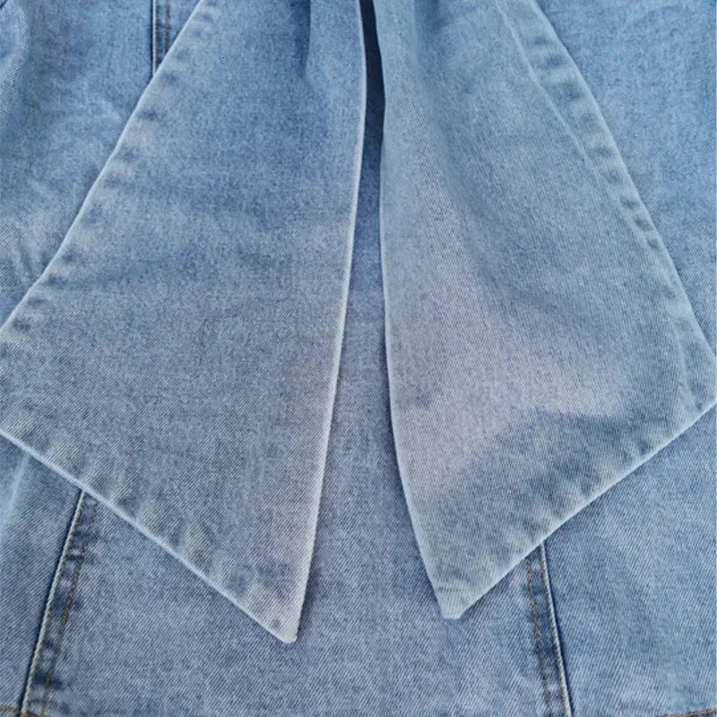 Big Bow Patchwork Denim Women's Jacket Stand Collar Long Sleeve Vintage Ruched Blouse Shirt for Female Autum Fashion Clothing - Loja Mireva