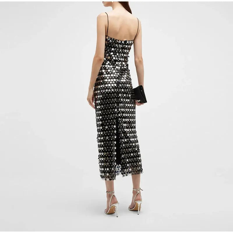 Solid Sequin Sexy Elegant Slim Dress For Women Fashion Sleeveless Backless Spaghetti Strap Party Dresses Chic Club Evening Robes - Loja Mireva
