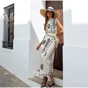 Cotton Linen Print Crop Top Skirts Sets Women Elegant Slim O-neck High Waist Split Skirt Female Suit 2024 Sping Summer Lady Set - Loja Mireva