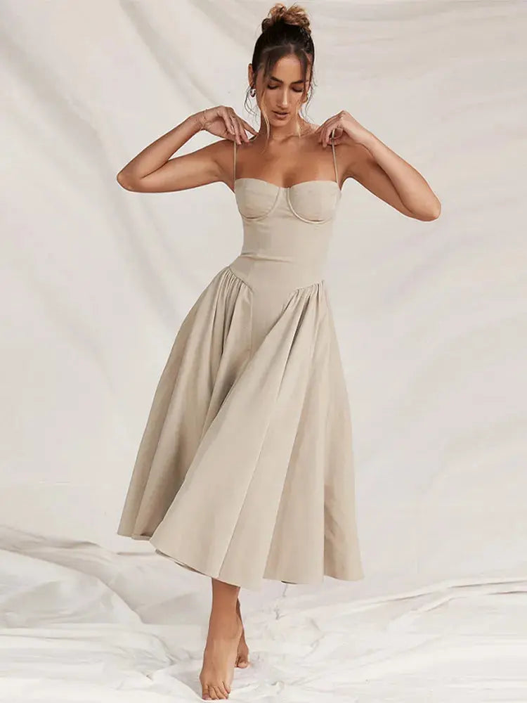 Solid Elegant Slim Spaghetti Strap Dress 2023 Summer Fashion Backless A-line Dresses Female Chic Party Evening Robes Vestidos - Loja Mireva