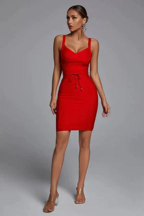 BEAUKEY Fashion Yellow Sexy V Neck Bandage Dresses Women Spaghetti Strap Belt Sashes Dress Khaki Party Club Vestidos Bodycon XL - Loja Mireva