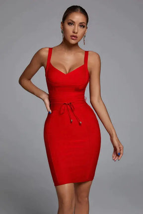 BEAUKEY Fashion Yellow Sexy V Neck Bandage Dresses Women Spaghetti Strap Belt Sashes Dress Khaki Party Club Vestidos Bodycon XL - Loja Mireva