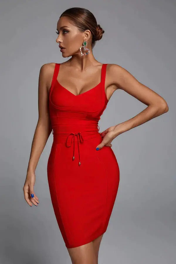BEAUKEY Fashion Yellow Sexy V Neck Bandage Dresses Women Spaghetti Strap Belt Sashes Dress Khaki Party Club Vestidos Bodycon XL - Loja Mireva