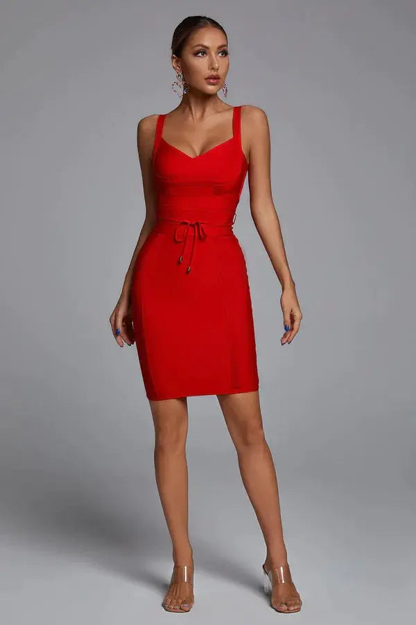 BEAUKEY Fashion Yellow Sexy V Neck Bandage Dresses Women Spaghetti Strap Belt Sashes Dress Khaki Party Club Vestidos Bodycon XL - Loja Mireva