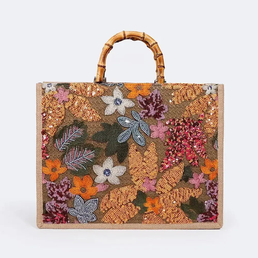 Loja Mireva, Bolsa de Palha Bordada, Bolsa Alça de Bambu, Bolsa Feminina Artesanal, Bolsa Feminina Tropical, Bolsa Feminina Verão