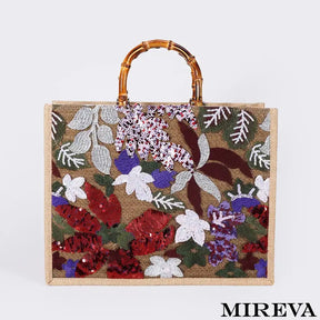 Loja Mireva, Bolsa de Palha Bordada, Bolsa Alça de Bambu, Bolsa Feminina Artesanal, Bolsa Feminina Tropical, Bolsa Feminina Verão