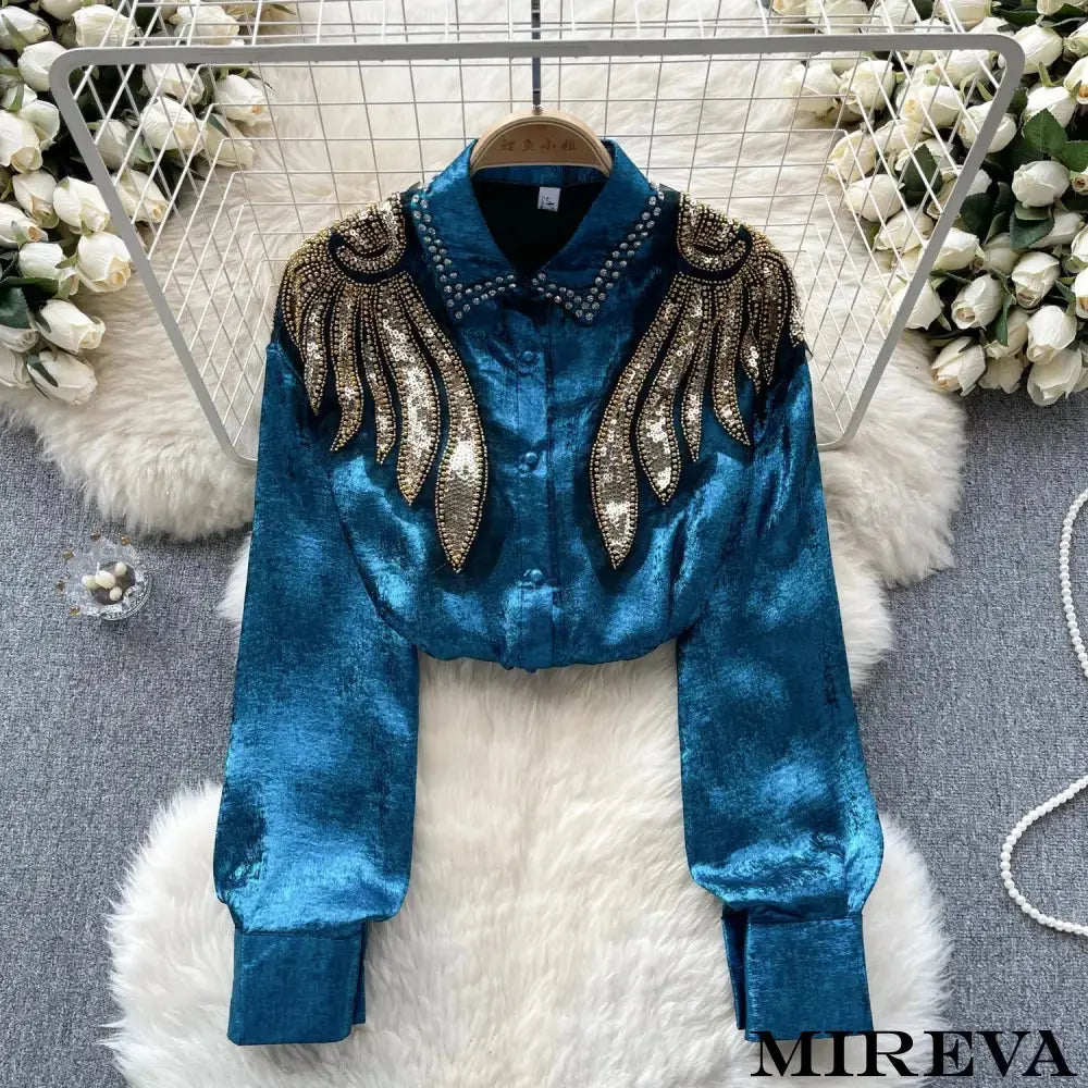 Camisa Feminina Bordada Dama Antiga Azul / Único Camisa
