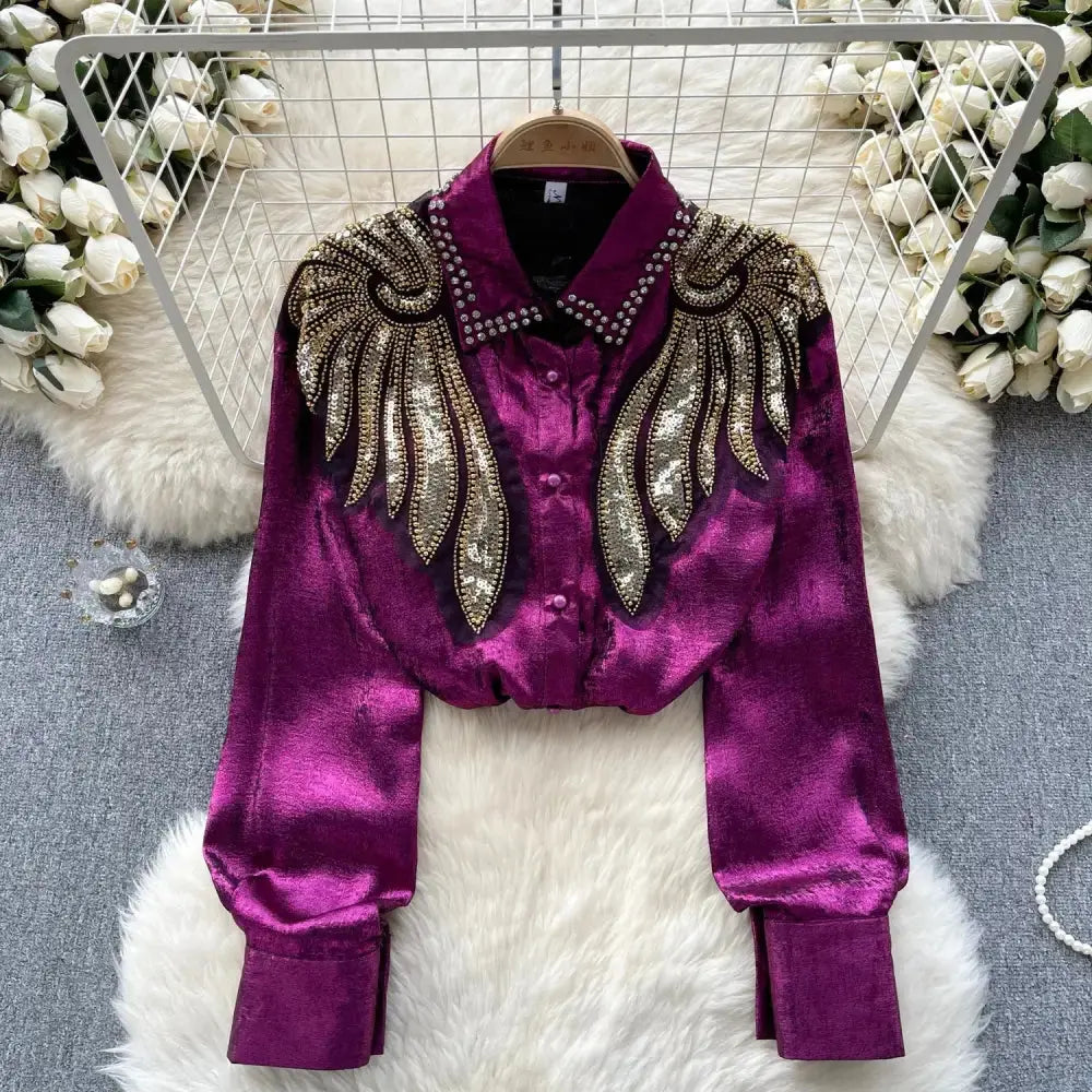 Camisa Feminina Bordada Dama Antiga Roxa / Único Camisa