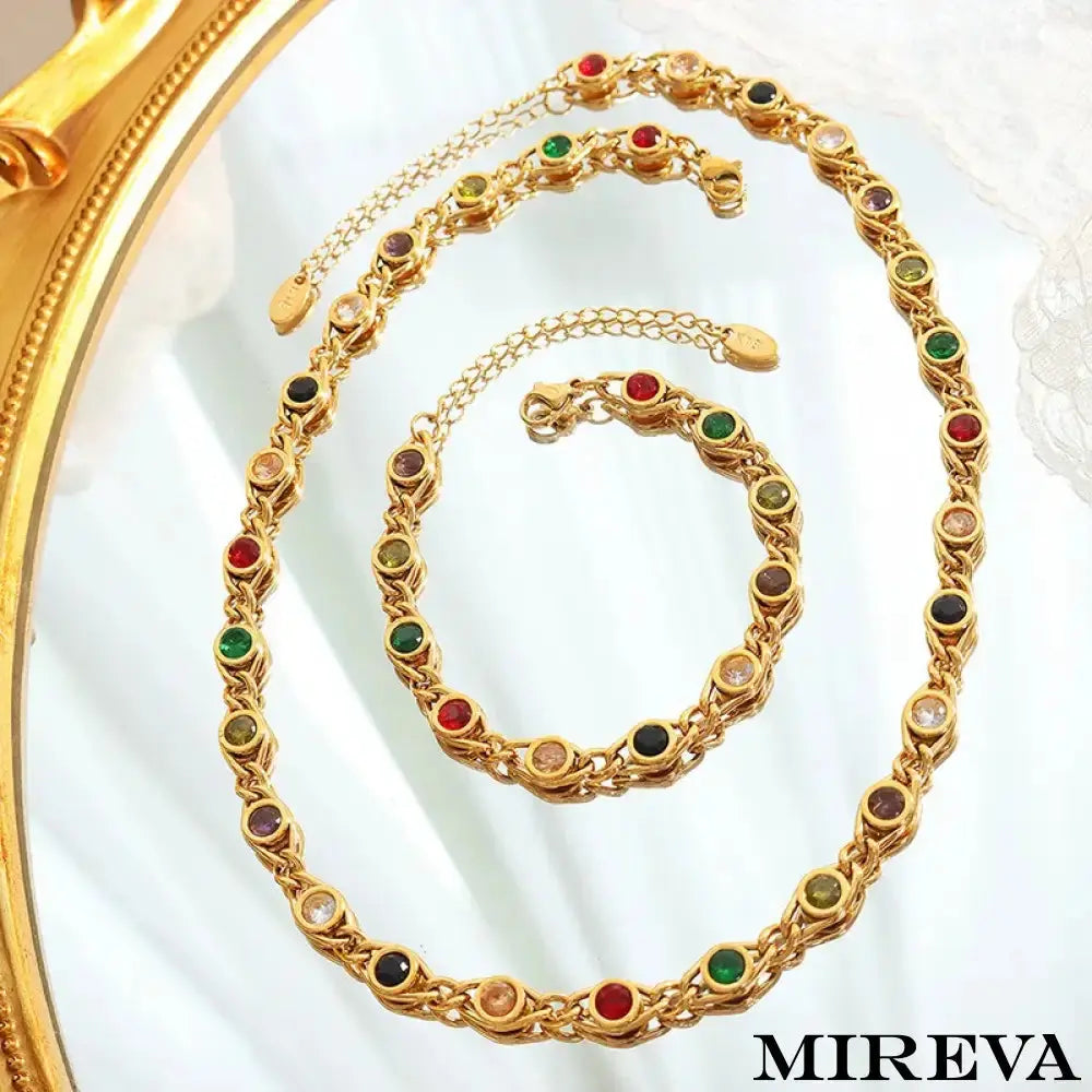 Colar E Pulseira Com Zircônias Coloridas - Conjunto Feminino