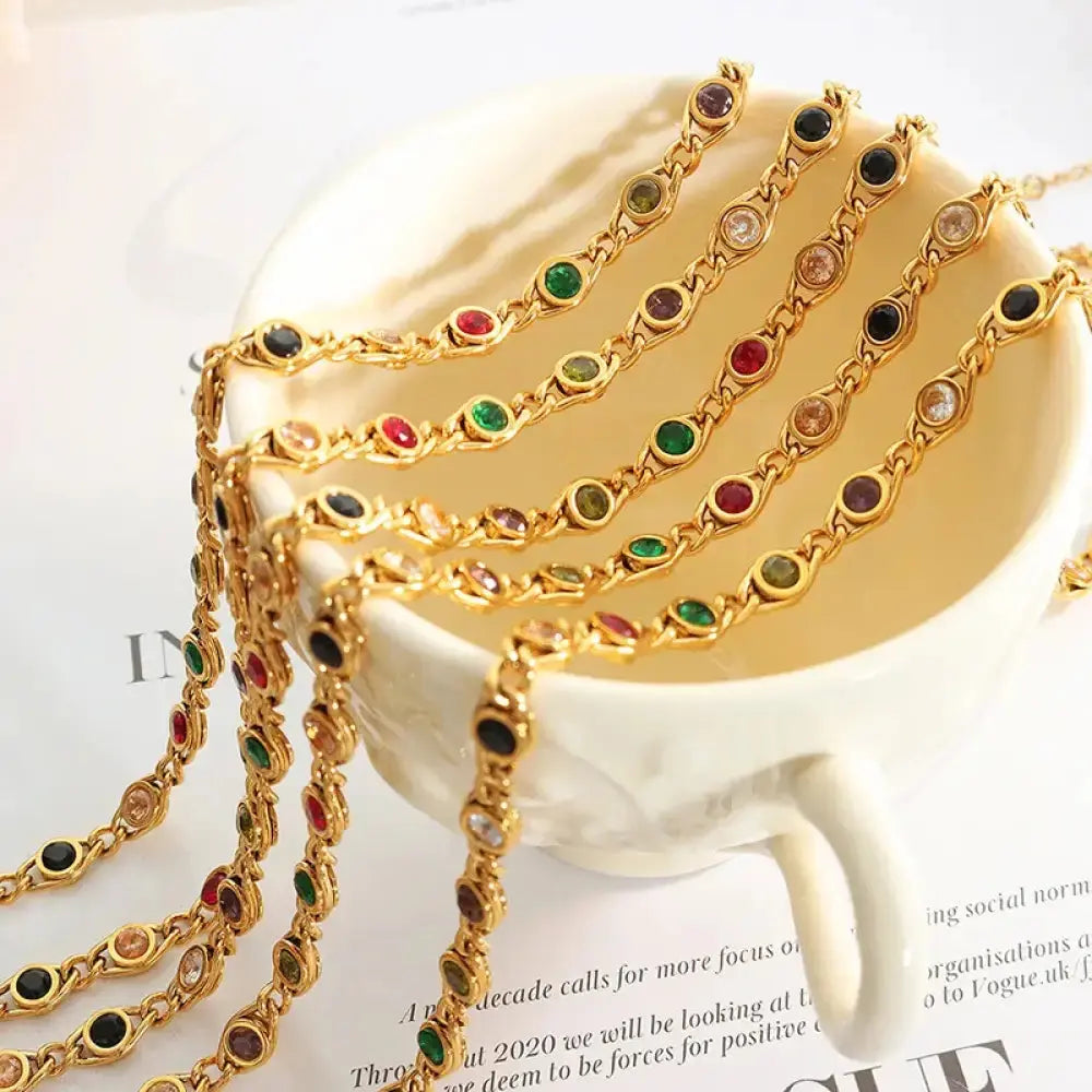 Colar E Pulseira Com Zircônias Coloridas - Conjunto Feminino