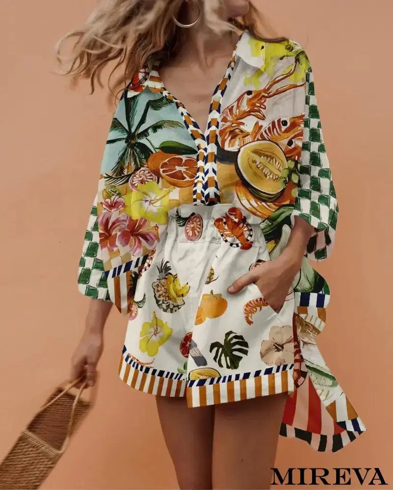 Conjunto Casual De Duas Peças Com Estampa Frutas Coloridas