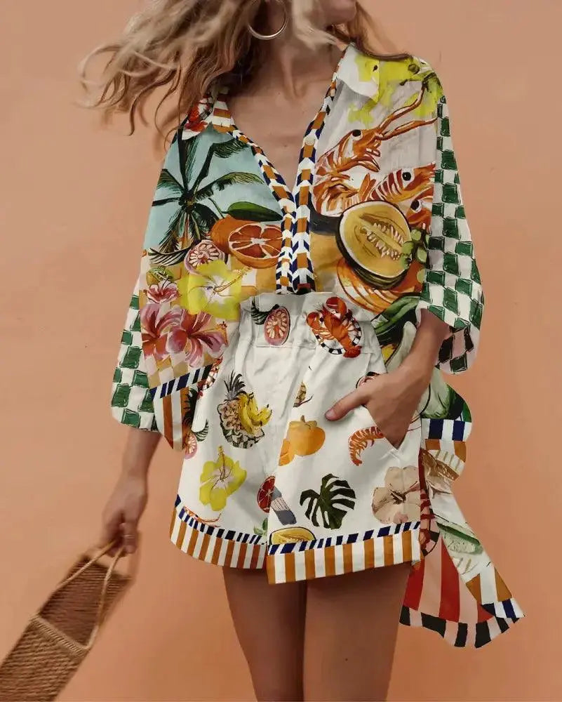 Conjunto Casual De Duas Peças Com Estampa Frutas Coloridas P