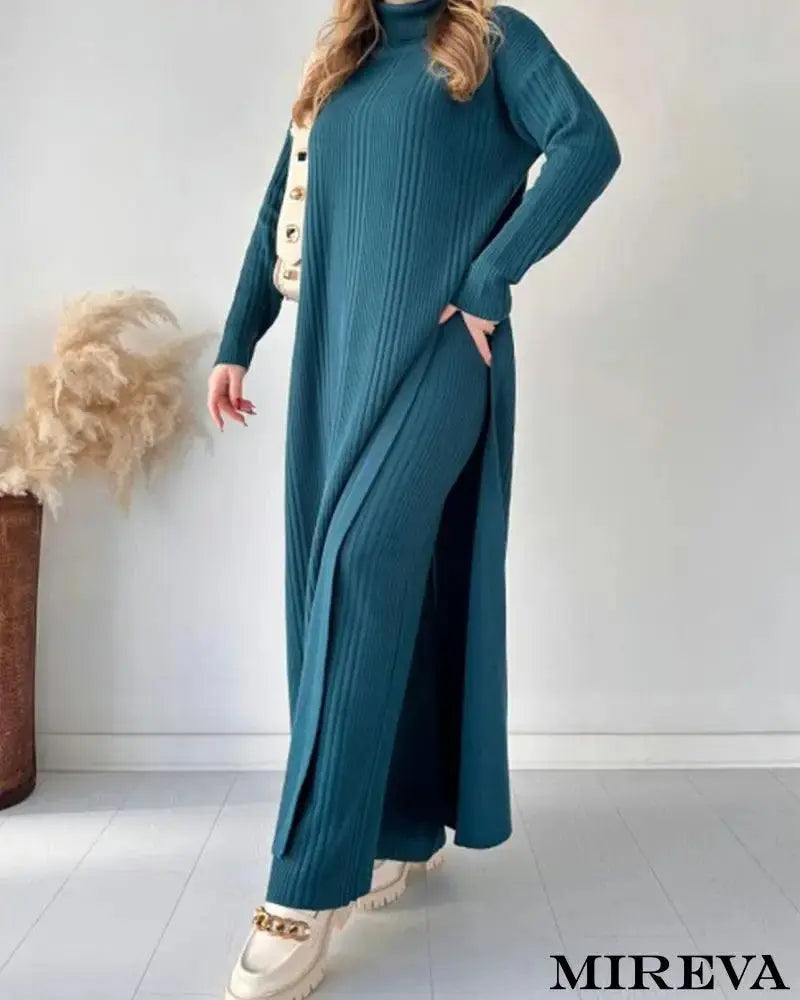 Conjunto Chique De Duas Peças Em Malha Com Fenda Estendida Azul Pavão