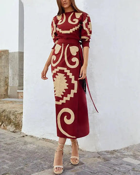 Conjunto De Duas Peças Com Estampa Boho Vintage Vermelho / P Vestido