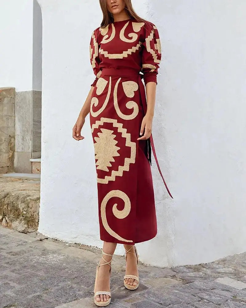 Conjunto De Duas Peças Com Estampa Boho Vintage Vermelho / P Vestido