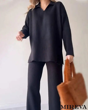 Conjunto De Duas Peças Malha Casual Com Fenda E Decote Em V
