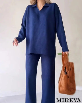 Conjunto De Duas Peças Malha Casual Com Fenda E Decote Em V