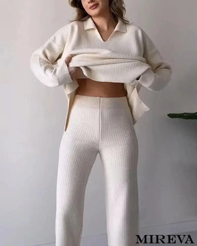 Conjunto De Duas Peças Malha Casual Com Fenda E Decote Em V