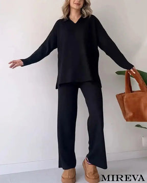 Conjunto De Duas Peças Malha Casual Com Fenda E Decote Em V