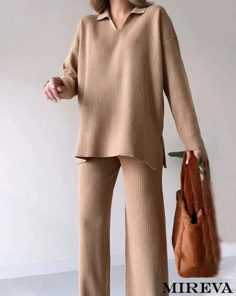 Conjunto De Duas Peças Malha Casual Com Fenda E Decote Em V