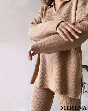 Conjunto De Duas Peças Malha Casual Com Fenda E Decote Em V