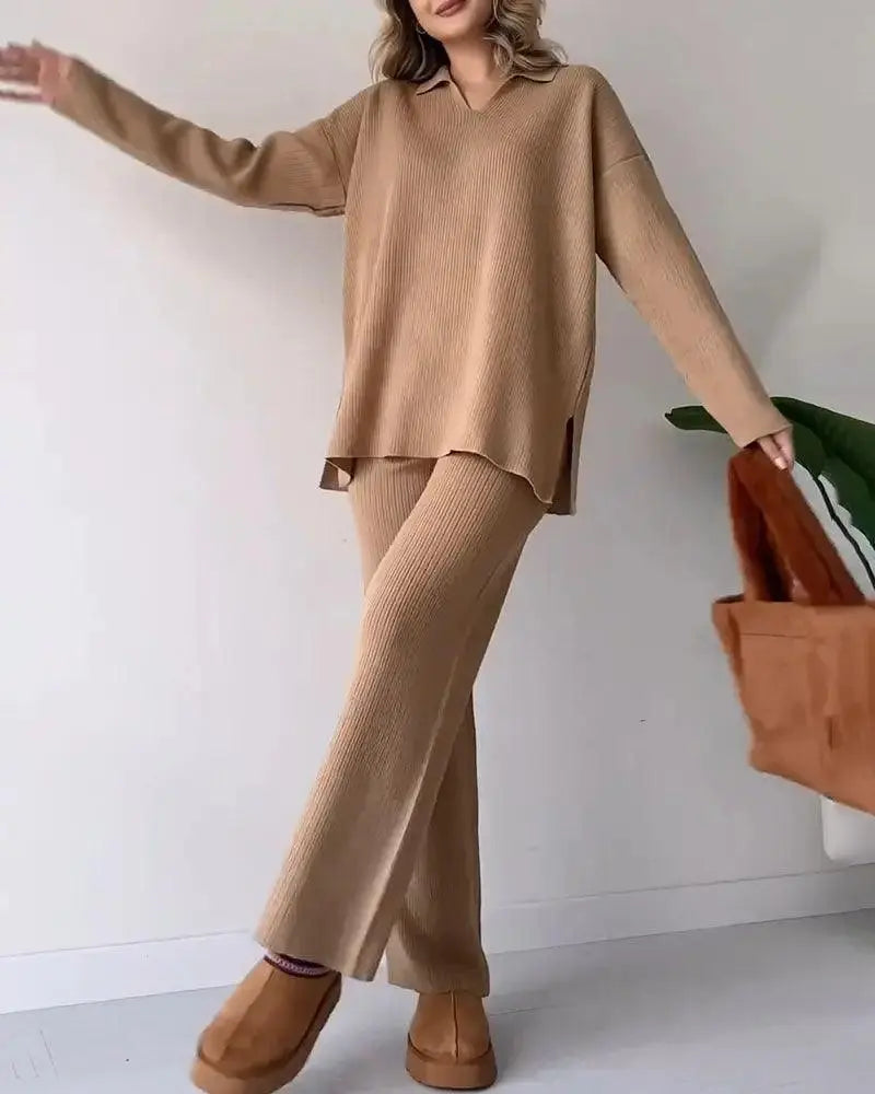 Conjunto De Duas Peças Malha Casual Com Fenda E Decote Em V Cáqui / P