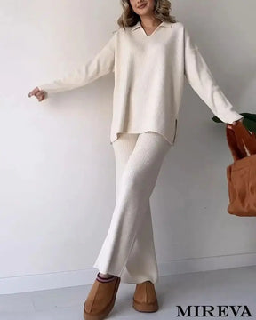 Conjunto De Duas Peças Malha Casual Com Fenda E Decote Em V Damasco / P