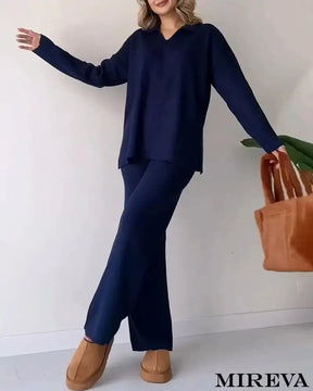 Conjunto De Duas Peças Malha Casual Com Fenda E Decote Em V Marinha / P