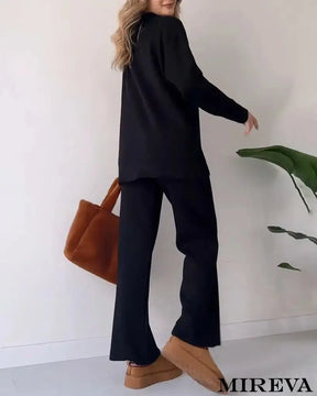 Conjunto De Duas Peças Malha Casual Com Fenda E Decote Em V Preto / P