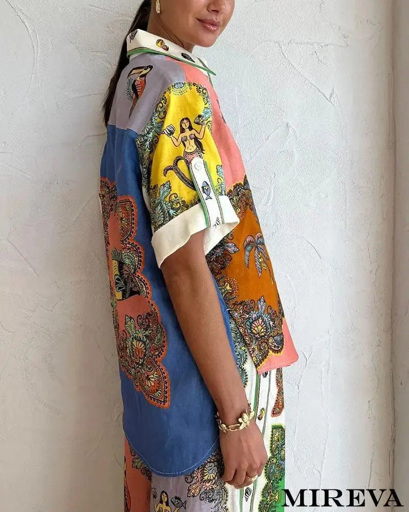 Conjunto Feminino Casual De Duas Peças Com Costura Sereia Abstrata