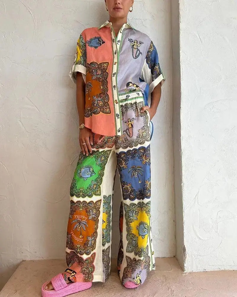 Conjunto Feminino Casual De Duas Peças Com Costura Sereia Abstrata Colorido / P
