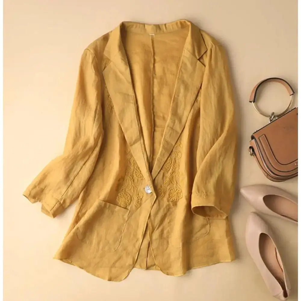 Jaqueta Retrô Bordada Casual De Algodão E Linho Amarelo / P Camisa