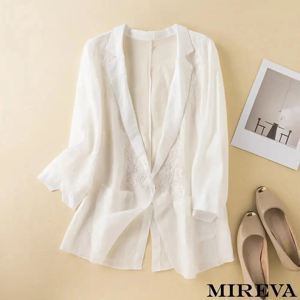 Jaqueta Retrô Bordada Casual De Algodão E Linho Branco / M Camisa