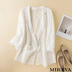 Jaqueta Retrô Bordada Casual De Algodão E Linho Branco / M Camisa